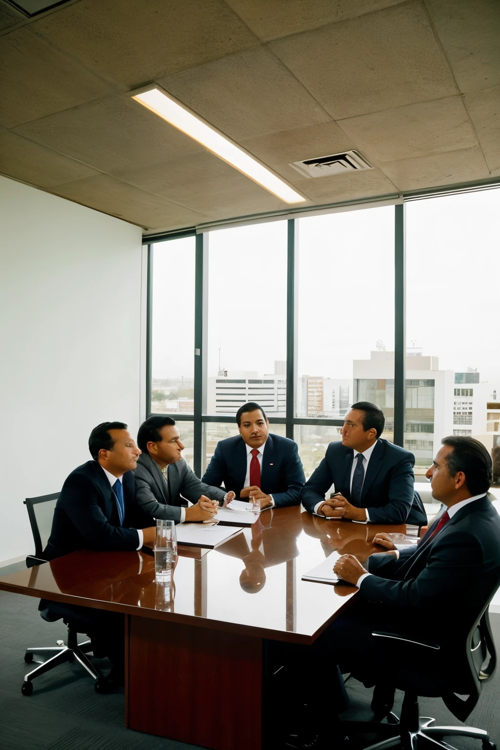 I need a square image of Latin American executives or businessmen meeting in an office, analyzing documents, and where the team leader can be seen in the foreground