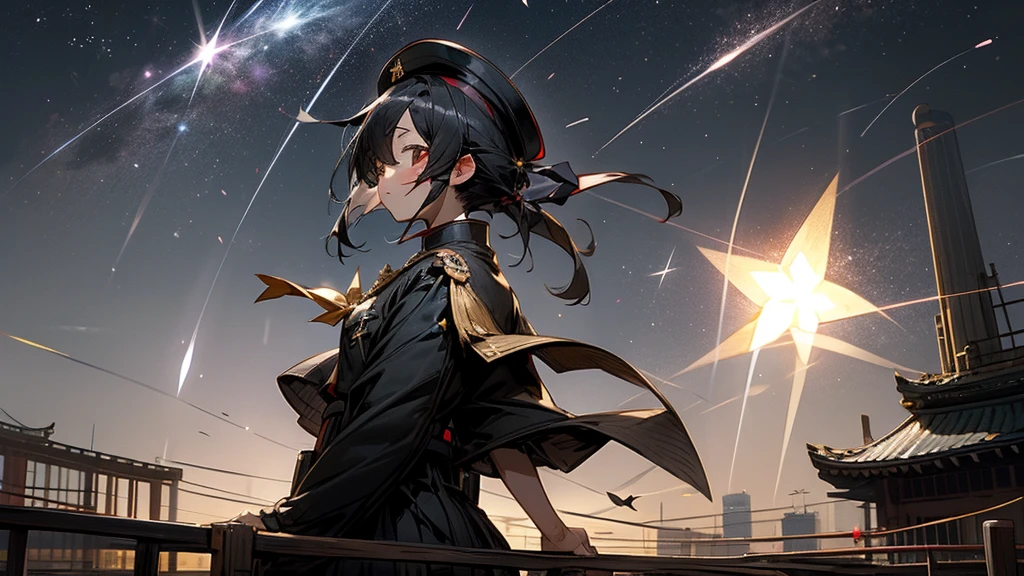 Tanabata。Chuunibyou。Eye patch。military cap。A girl with short black hair。Wearing black military uniform。Fluttering cloak。Wish upon a shooting star。Imperial City Sky、You can see the beautiful starry sky。