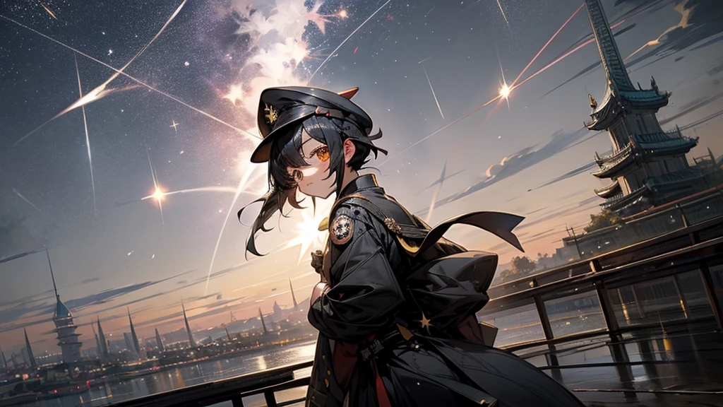 Tanabata。Chuunibyou。Eye patch。military cap。A girl with short black hair。Wearing black military uniform。Fluttering cloak。Wish upon a shooting star。Imperial City Sky、You can see the beautiful starry sky。