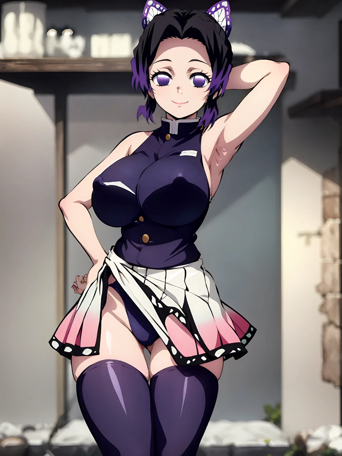 Kochou shinobu, 4k, absurd, high resolution, very high resolution, high definition, masterpiece, Short hair, purple hair, Separate bangs, Hair Adorno, Butterfly hair ornament, Purple eyes, Slayer Demon Uniform, sleeveless, black high-leg leotard, zettai ryouiki black thighhighs, cowboy shot, looking_at_viewer, lite smile, closed mouth, clear face, hairy natural public hair, natural armpit hair, huge_breast, side , erect nipples, standing, hand on hip, (skinny, short stack)