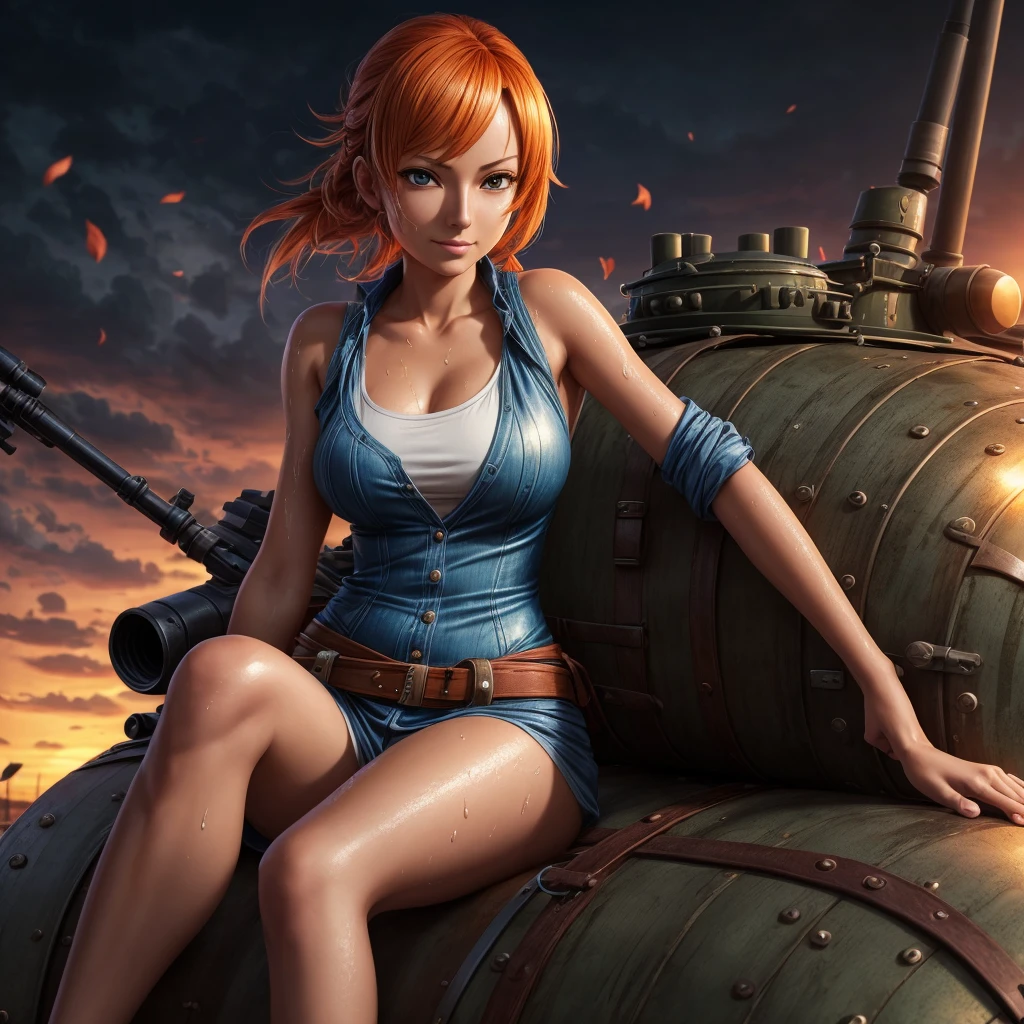 Nami in one piece, holding a stylish bag, sitting on the barrel of a replica tank toys gun modified with the strongest material, wearing a a thin shirt that was wet with sweat , realistic, 8K.flowers,sunset,in dark,dark theme, masterpiece,official art,best quality,ray tracing,volumetric light,realistic,photorealistic,ultra highres,vivid, woman , close up
