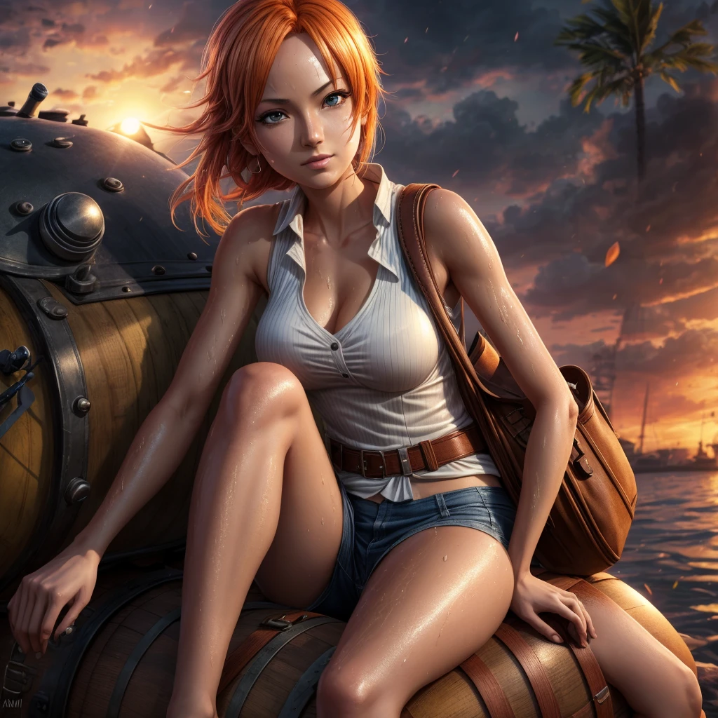 Nami in one piece, holding a stylish bag, sitting on the barrel of a replica tank toys gun modified with the strongest material, wearing a a thin shirt that was wet with sweat , realistic, 8K.flowers,sunset,in dark,dark theme, masterpiece,official art,best quality,ray tracing,volumetric light,realistic,photorealistic,ultra highres,vivid, woman , close up