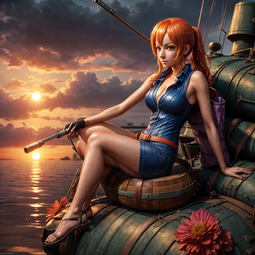 Nami in one piece, holding a stylish bag, sitting on the barrel of a replica tank toys gun modified with the strongest material, wearing a a thin shirt that was wet with sweat , realistic, 8K.flowers,sunset,in dark,dark theme, masterpiece,official art,best quality,ray tracing,volumetric light,realistic,photorealistic,ultra highres,vivid, woman , close up