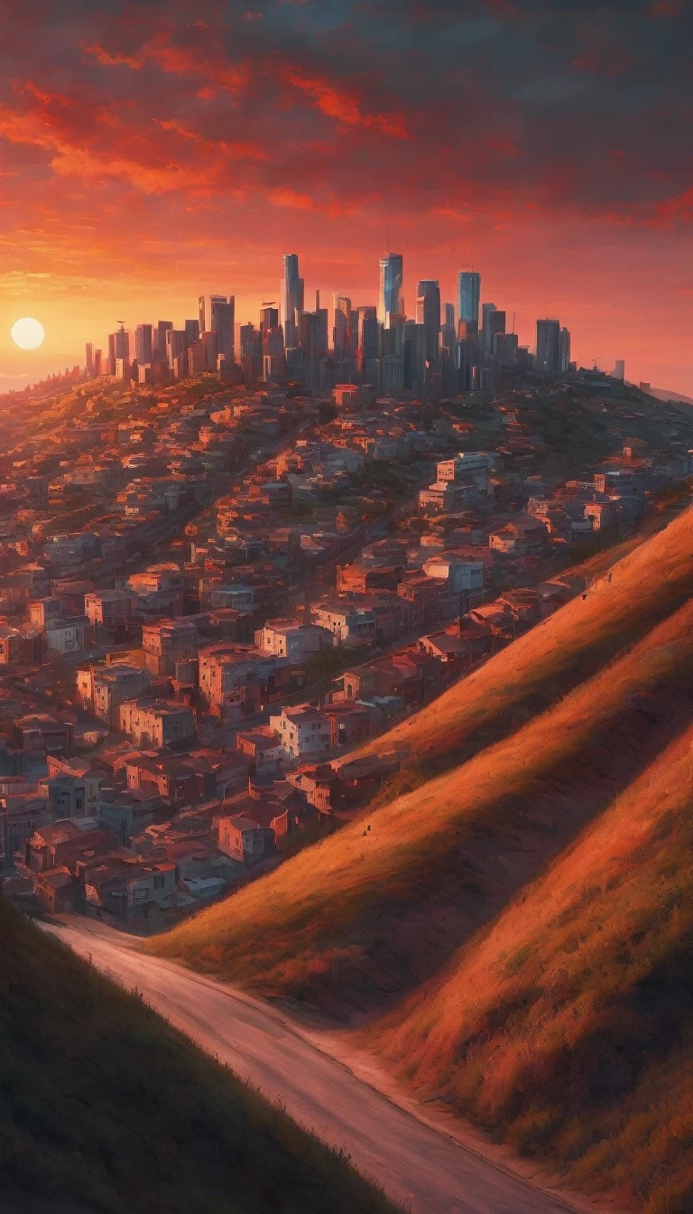 small hill, poles randomly appearing, cityscape, sunset, red sky, beautiful sunset from downhill, intricate detail, highly detailed, realistic, super detailed, 8k, masterpiece, dramatic lighting, warm colors, vivid colors, cinematic, picturesque, atmospheric, quiet landscape