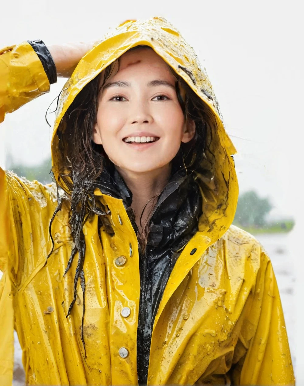 a young woman wearing a bright yellow shiny raincoat, ((((mud-stained and dirty raincoat)))), muddy clothes, beautiful detailed eyes, beautiful detailed lips, extremely detailed face, long eyelashes, outdoor rainy scene, puddles on the ground, intricate texture, photorealistic, 8k, high quality, masterpiece, professional, vivid colors, dramatic lighting
