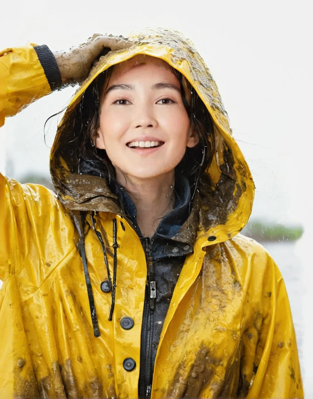 a young woman wearing a bright yellow shiny raincoat, ((((mud-stained and dirty raincoat)))), muddy clothes, beautiful detailed eyes, beautiful detailed lips, extremely detailed face, long eyelashes, outdoor rainy scene, puddles on the ground, intricate texture, photorealistic, 8k, high quality, masterpiece, professional, vivid colors, dramatic lighting