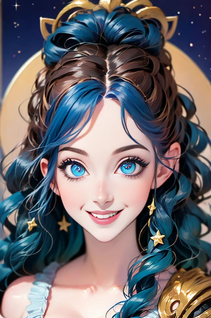 anime girl with stars and gold eyes and blue hair, stars in her eyes, stars in her gazing eyes, neoartcore and charlie bowater, stunning anime face portrait, golden shining eyes, starlit shining eyes, glowing magical eyes, beautiful celestial mage, magical glowing eyes, stars are hidden in the eyes, magical eyes, starry eyes, anime art nouveau cosmic display