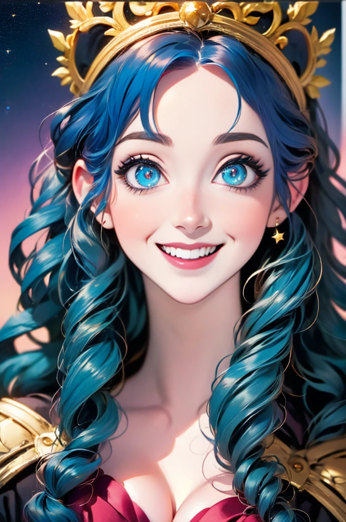 anime girl with stars and gold eyes and blue hair, stars in her eyes, stars in her gazing eyes, neoartcore and charlie bowater, stunning anime face portrait, golden shining eyes, starlit shining eyes, glowing magical eyes, beautiful celestial mage, magical glowing eyes, stars are hidden in the eyes, magical eyes, starry eyes, anime art nouveau cosmic display