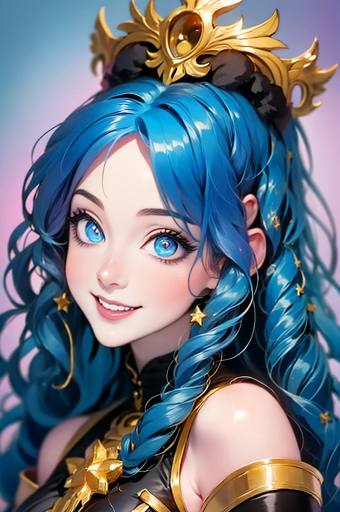 anime girl with stars and gold eyes and blue hair, an anime drawing by Yang J, pixiv contest winner, fantasy art, stars in her eyes, stars in her gazing eyes, neoartcore and charlie bowater, stunning anime face portrait, golden shining eyes, starlit shining eyes, glowing magical eyes, beautiful celestial mage, magical glowing eyes