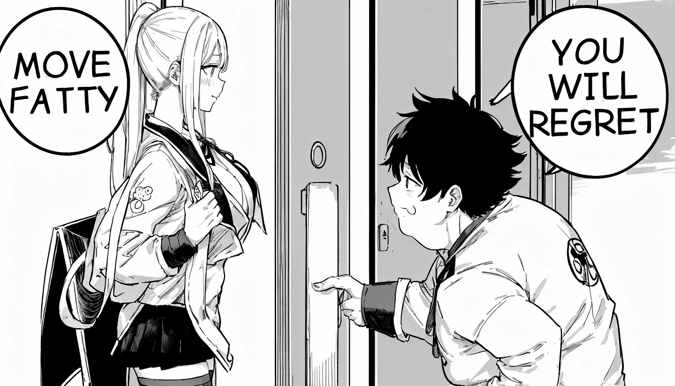 anime girl and boy with signs saying move fatty you will regret, black and white manga panel, black and white manga page, black and white manga style, black and white manga, black and white manga comic, isekai manga panel, award winning manga style, manga panel, manga panels, detailed manga style, from cryptid academia, manga page,
