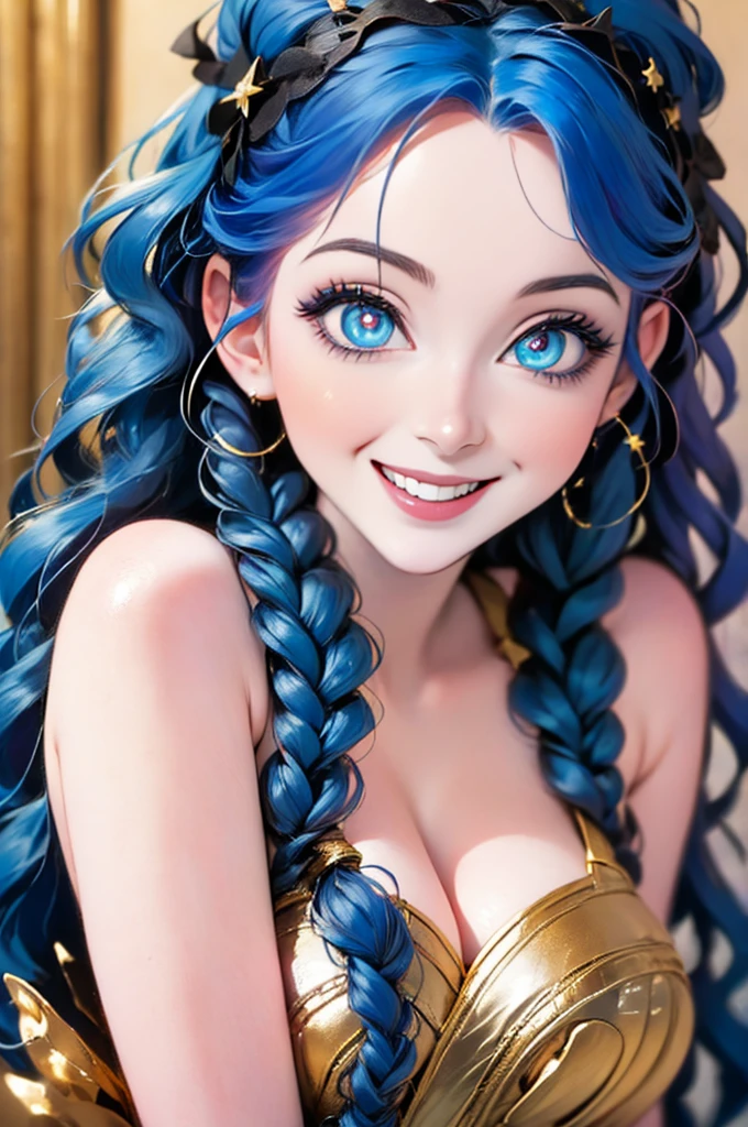 anime girl with stars and gold eyes and blue hair, an anime drawing by Yang J, pixiv contest winner, fantasy art, stars in her eyes, stars in her gazing eyes, neoartcore and charlie bowater, stunning anime face portrait, golden shining eyes, starlit shining eyes, glowing magical eyes, beautiful celestial mage, magical glowing eyes