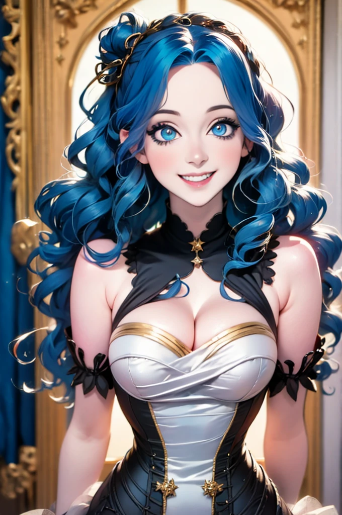anime girl with stars and gold eyes and blue hair, an anime drawing by Yang J, pixiv contest winner, fantasy art, stars in her eyes, stars in her gazing eyes, neoartcore and charlie bowater, stunning anime face portrait, golden shining eyes, starlit shining eyes, glowing magical eyes, beautiful celestial mage, magical glowing eyes