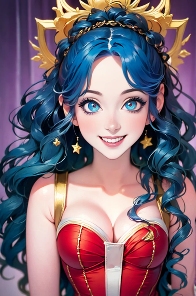 anime girl with stars and gold eyes and blue hair, an anime drawing by Yang J, pixiv contest winner, fantasy art, stars in her eyes, stars in her gazing eyes, neoartcore and charlie bowater, stunning anime face portrait, golden shining eyes, starlit shining eyes, glowing magical eyes, beautiful celestial mage, magical glowing eyes