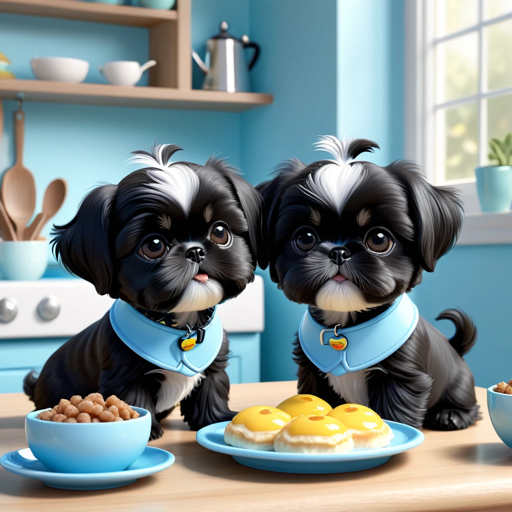 2 Adorable small black Shih Tzu puppies wearing light blue collars,  playing eating breakfast, Disney 3d cartoon, 3d render, disney pixar style