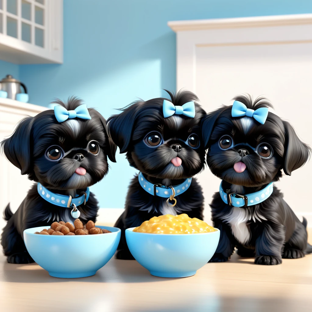 2 Adorable small black Shih Tzu puppies wearing light blue collars,  playing eating breakfast, Disney 3d cartoon, 3d render, disney pixar style