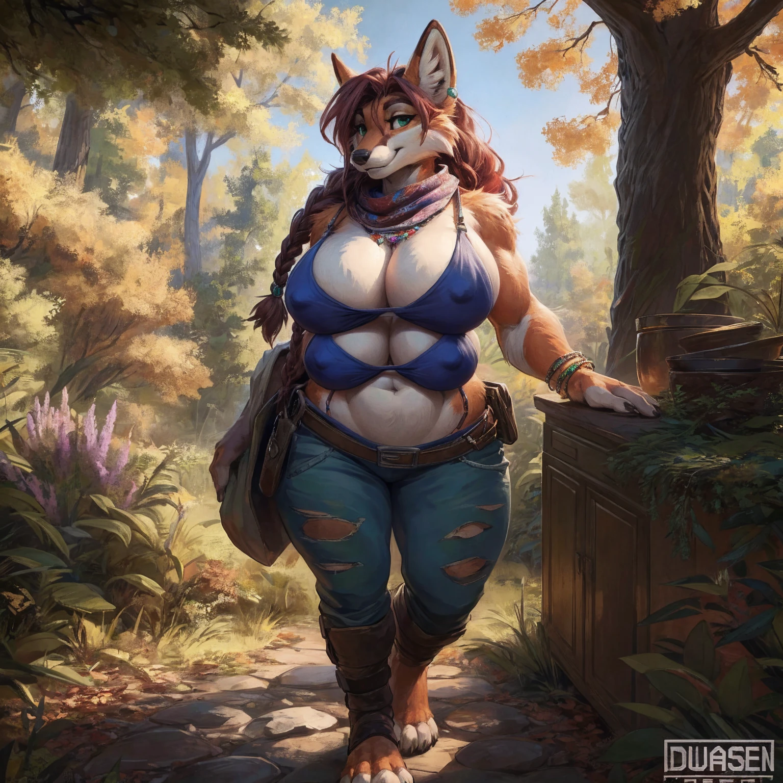 8K, ((masterpiece)), ((stunning artwork)), (carefully drawn), (highly detailed), uploaded to e621.net, solo, fox, female, short woman, shortstack, older woman, milf, curvy, thick, orange fur, white markings, dark red hair, long hair, braided hair, green eyes, perfect eyes, (four breasts:1.4), (quadboob:1.2), top breasts are larger, huge breasts, nipple outline, older woman, furry body, wide body, wide hips, thick thighs, big arms, (huge breasts:1.1), heavy breasts, nipple outline, highly detailed eyes, milf, tank top, bare midriff, cleavage, large areolae, blue jeans, lowrise jeans, bare midriff, visible thong straps, Masterpiece, best quality, absurd res, highly detailed, cleanly drawn eyes, park environment, jewelry, hippie, scarf, cute smile, standing upright, casual posture, buff, barefoot, standing upright, digitgrade, four toes, adventurer, by darkgem, by duase,