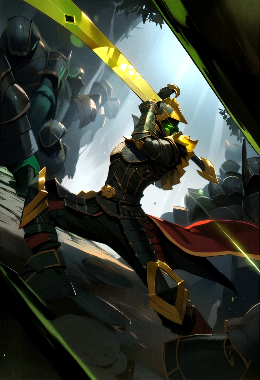 Swordsman warrior with armor full of plates, black background with aggressive green lights 