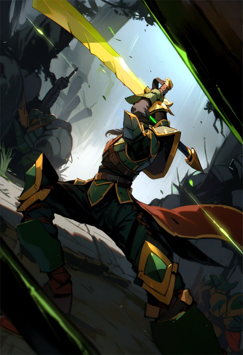 Swordsman warrior with armor full of plates, black background with aggressive green lights 