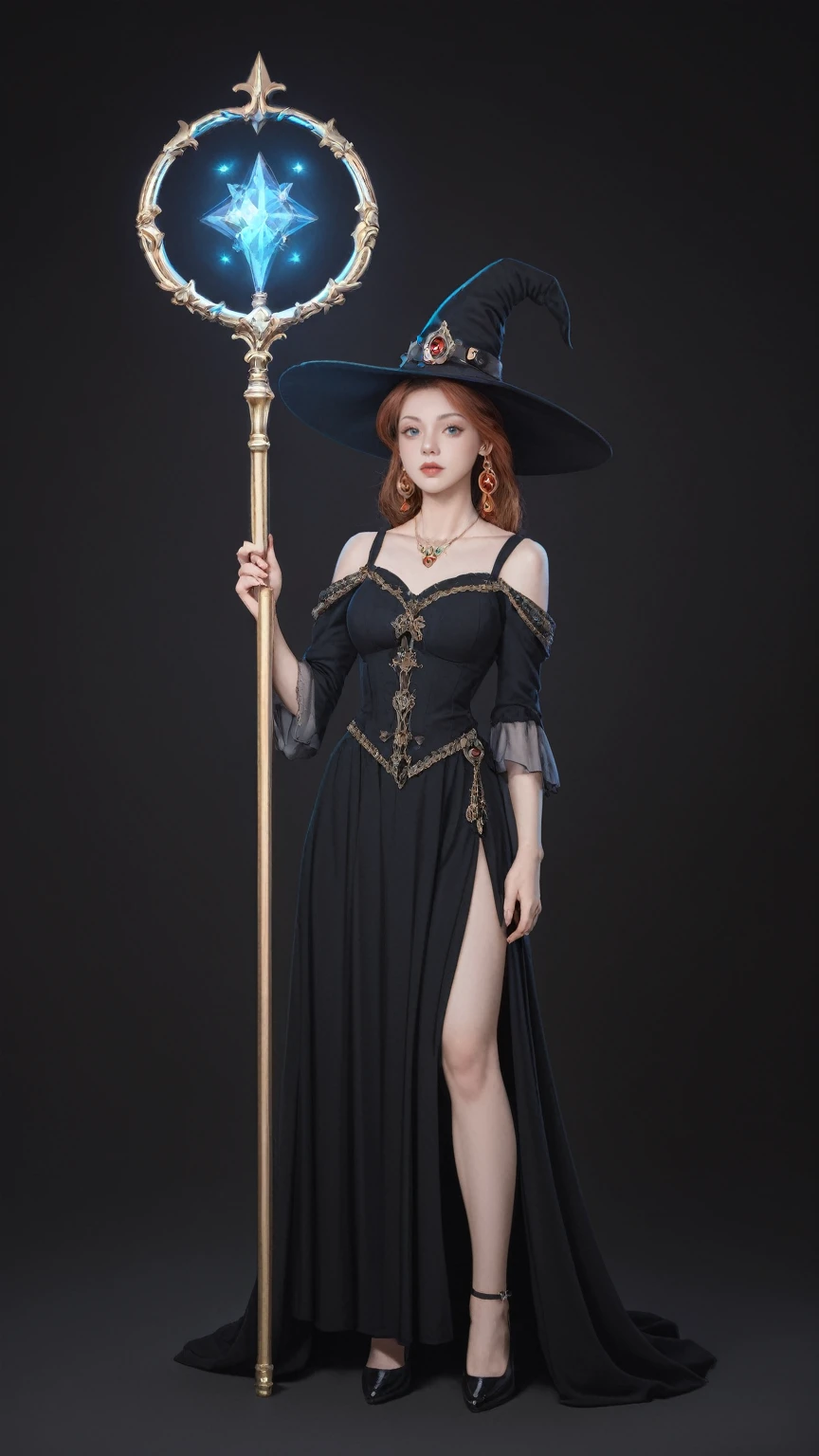 score_9, score_8_up, score_7_up, BREAK,
solo,full body, witch woman,conservative attire,Very nice headgear, princess dress,jewelry,Visions of heaven and earth,Staff,exquisite magic