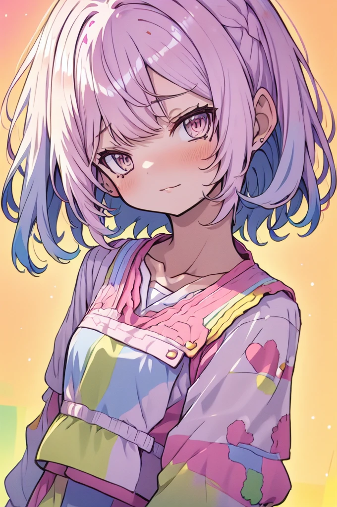 masterpiece, best quality, 1girl, bangs, grey_hair, breasts, eyebrows_visible_through_hair, hair_ornament, heart, long_sleeves, looking_at_viewer, multicolored_hair, yellow_eyes, grey_blue_hair, shirt, short_hair, simple_background, solo, two-tone_hair, white_shirt, yumemi_riamu