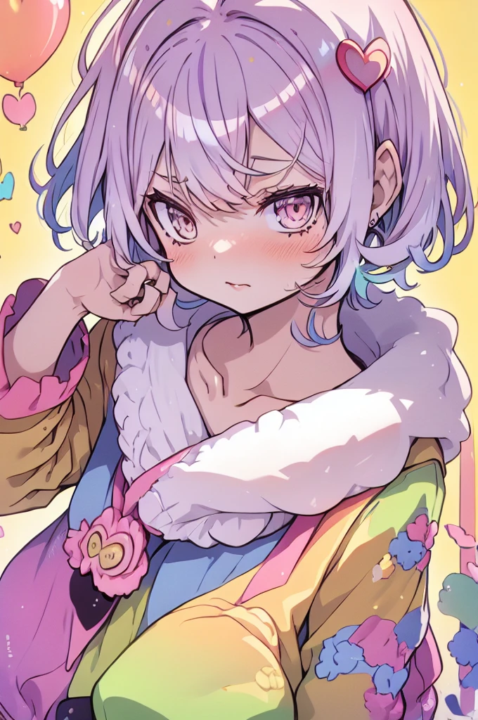 masterpiece, best quality, 1girl, bangs, grey_hair, breasts, eyebrows_visible_through_hair, hair_ornament, heart, long_sleeves, looking_at_viewer, multicolored_hair, yellow_eyes, grey_blue_hair, shirt, short_hair, simple_background, solo, two-tone_hair, white_shirt, yumemi_riamu