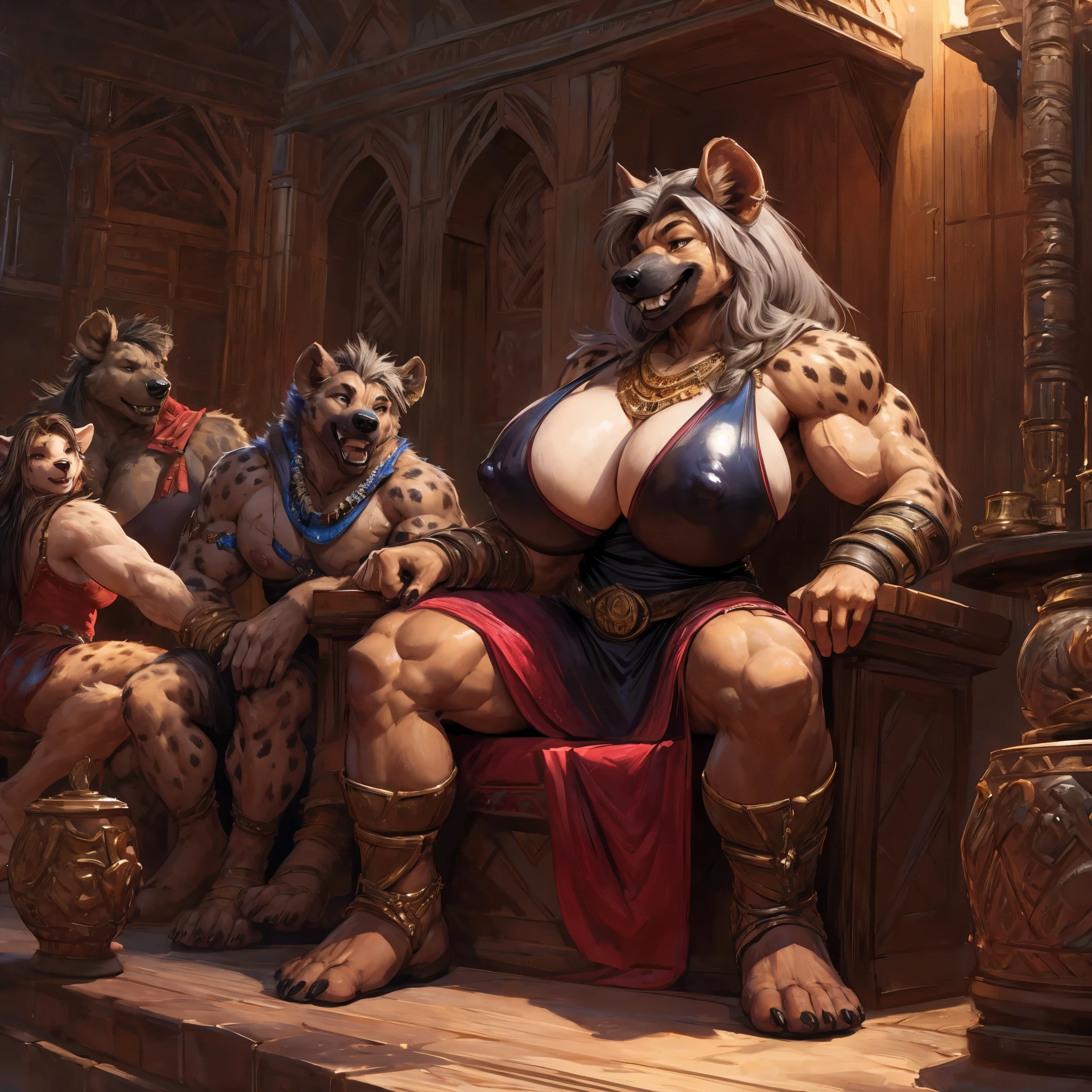 uploaded to e621.net, masterpiece, 8k, hyena woman, matriarch, female, beige fur, spots, gray hair, buff, muscular, barbarian queen, leather outfit, wooden throne, wooden keep, primitive room, stone room, seated, casual posture, buff, muscular, massive, bodybuilder, (huge breasts:1.2), nipple outline, covered breasts, laughing, crowded, supplicants, worshipers, by darkgem, 