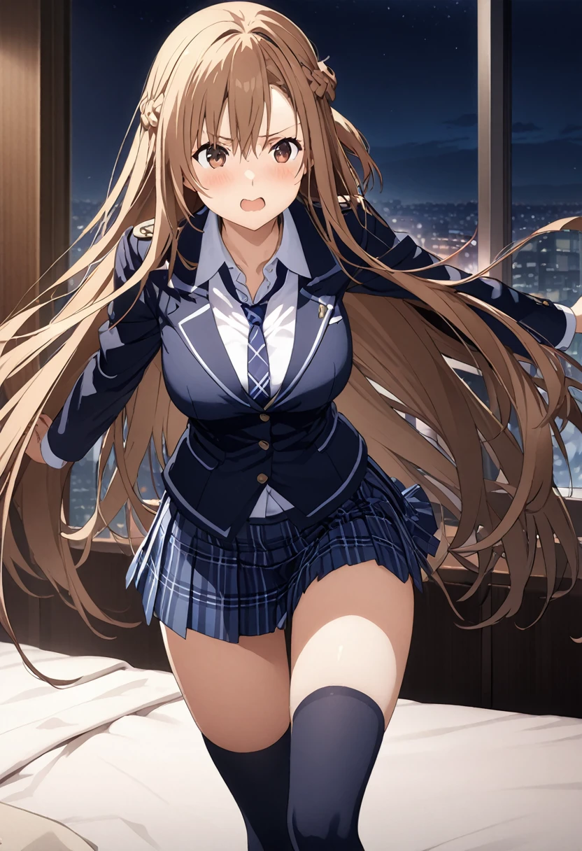 Highest quality、Super detailed、High resolution illustrations、Ultra-high-definition CG、８k size wallpaper、Production Art、Light novel illustrations、asuna yuuki, long hair, bangs, brown hair, brown eyes, very long hair, braid, Collared shirt、Navy blue tie、Navy blue tartan check pleated skirt、Dark blue thigh socks、Black Loafers、A dark, deserted hotel room at night、A black man attacks from behind、He grabs my arm and tries to hug me from behind.、To resist and resist、Asuna shouts in anger and curses、