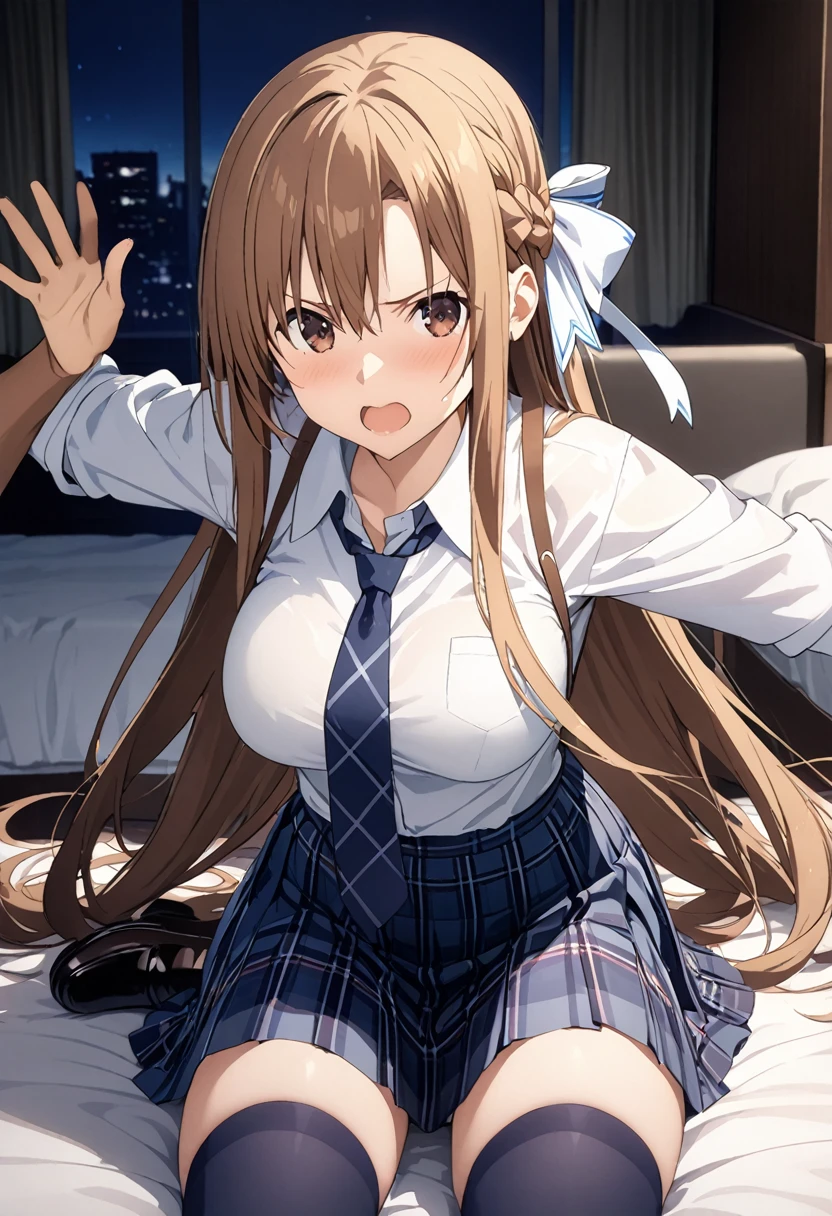 Highest quality、Super detailed、High resolution illustrations、Ultra-high-definition CG、８k size wallpaper、Production Art、Light novel illustrations、asuna yuuki, long hair, bangs, brown hair, brown eyes, very long hair, braid, Collared shirt、Navy blue tie、Navy blue tartan check pleated skirt、Dark blue thigh socks、Black Loafers、A dark, deserted hotel room at night、A black man attacks from behind、He grabs my arm and tries to hug me from behind.、To resist and resist、Asuna shouts in anger and curses、