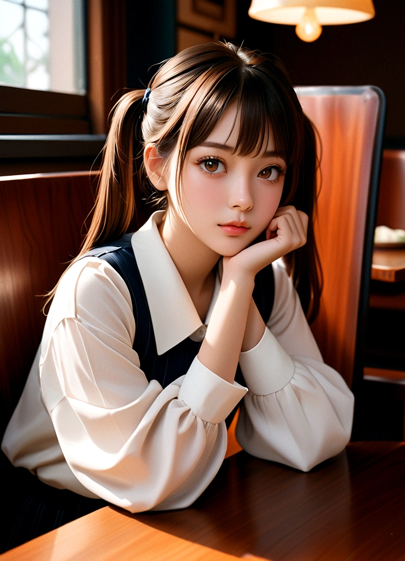 1 Girl, Brown_twintails, sit, Chair, boring, Chin on hand, beautiful eyes,masterpiece, best quality, (Reality:1.4),RAW photos, (Real skin texture:1.3), (Film Grain:1.3),