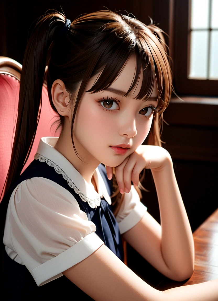 1 Girl, Brown_twintails, sit, Chair, boring, Chin on hand, beautiful eyes,masterpiece, best quality, (Reality:1.4),RAW photos, (Real skin texture:1.3), (Film Grain:1.3),