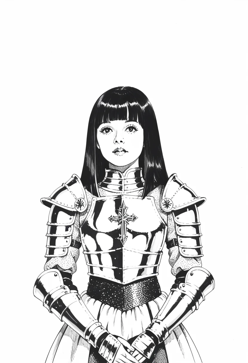 score_9, score_8_up, score_7_up, 1girl, sp1t, abundant detailed hatching shading, monochrome,best quality, high resolution, clean background, blunt bangs, straight hair, hime cut, A medieval female knight in luminous armor, (Luminescent armor:1.3), glitter with gold,
