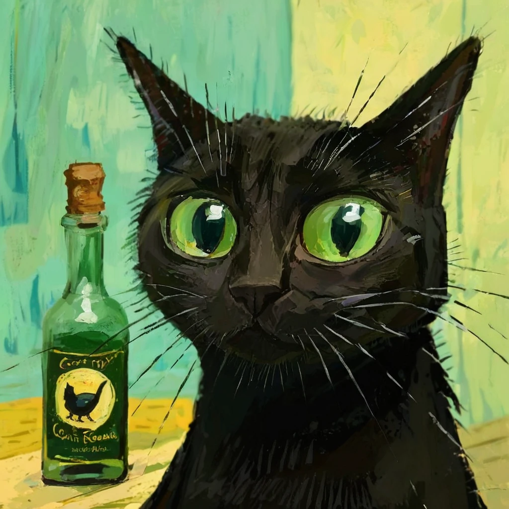 black cat with a absinth bottle, (Vincent van Gogh on the background:1.5), caricature, albeniz rodriguez style