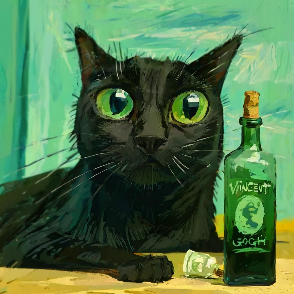 black cat with a absinth bottle, (Vincent van Gogh on the background:1.5), caricature, albeniz rodriguez style