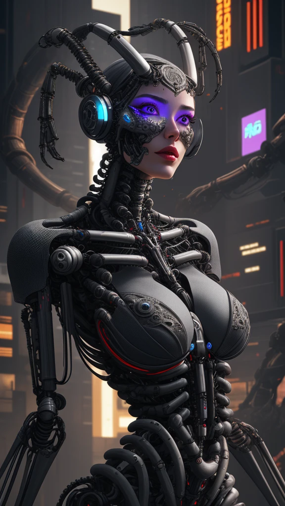 biomechanical cyberpunk, 1 beautiful woman, solo, bright detailed eyes, colorful hair, vibrant colors, cyborg, intricate, ornate, cybernetics, human-machine fusion, dystopian, organic meets artificial, dark, intricate, highly detailed
