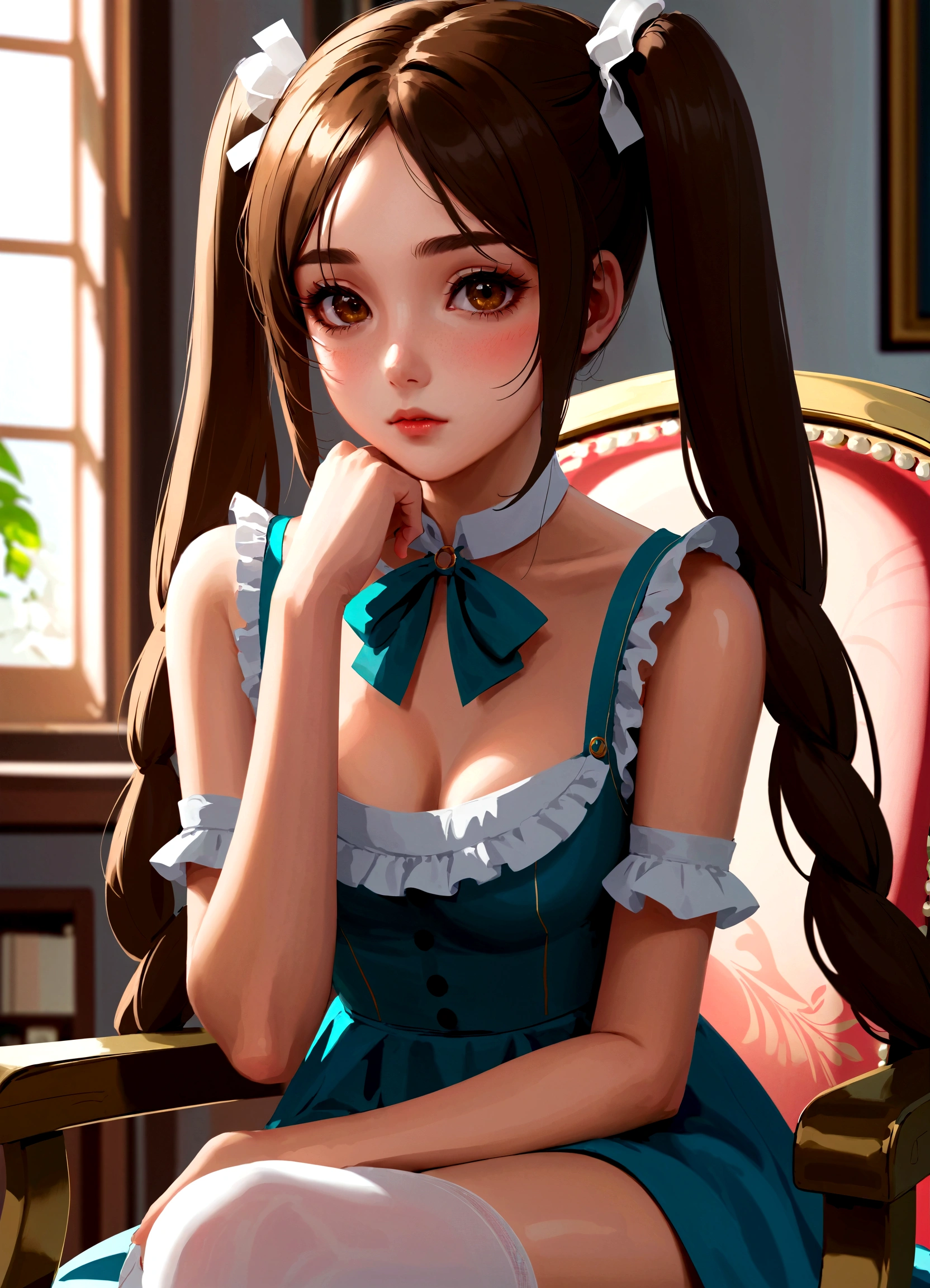 1 Girl, Brown_twintails, sit, Chair, boring, Chin on hand, beautiful eyes,masterpiece, best quality,close up,
