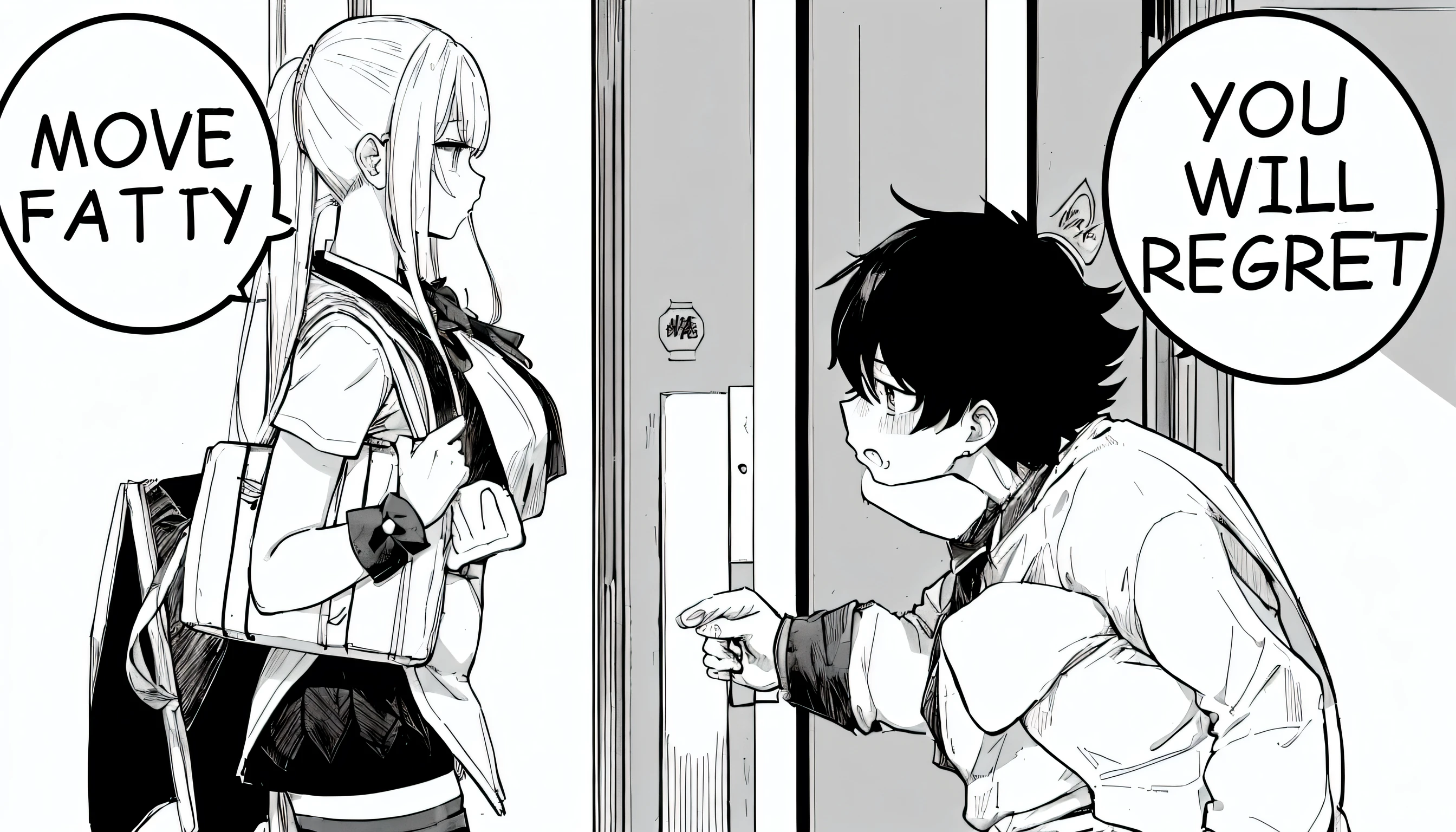 anime girl and boy with signs saying move fatty you will regret, black and white manga panel, black and white manga page, black and white manga style, black and white manga, black and white manga comic, isekai manga panel, award winning manga style, manga panel, manga panels, detailed manga style, from cryptid academia, manga page,