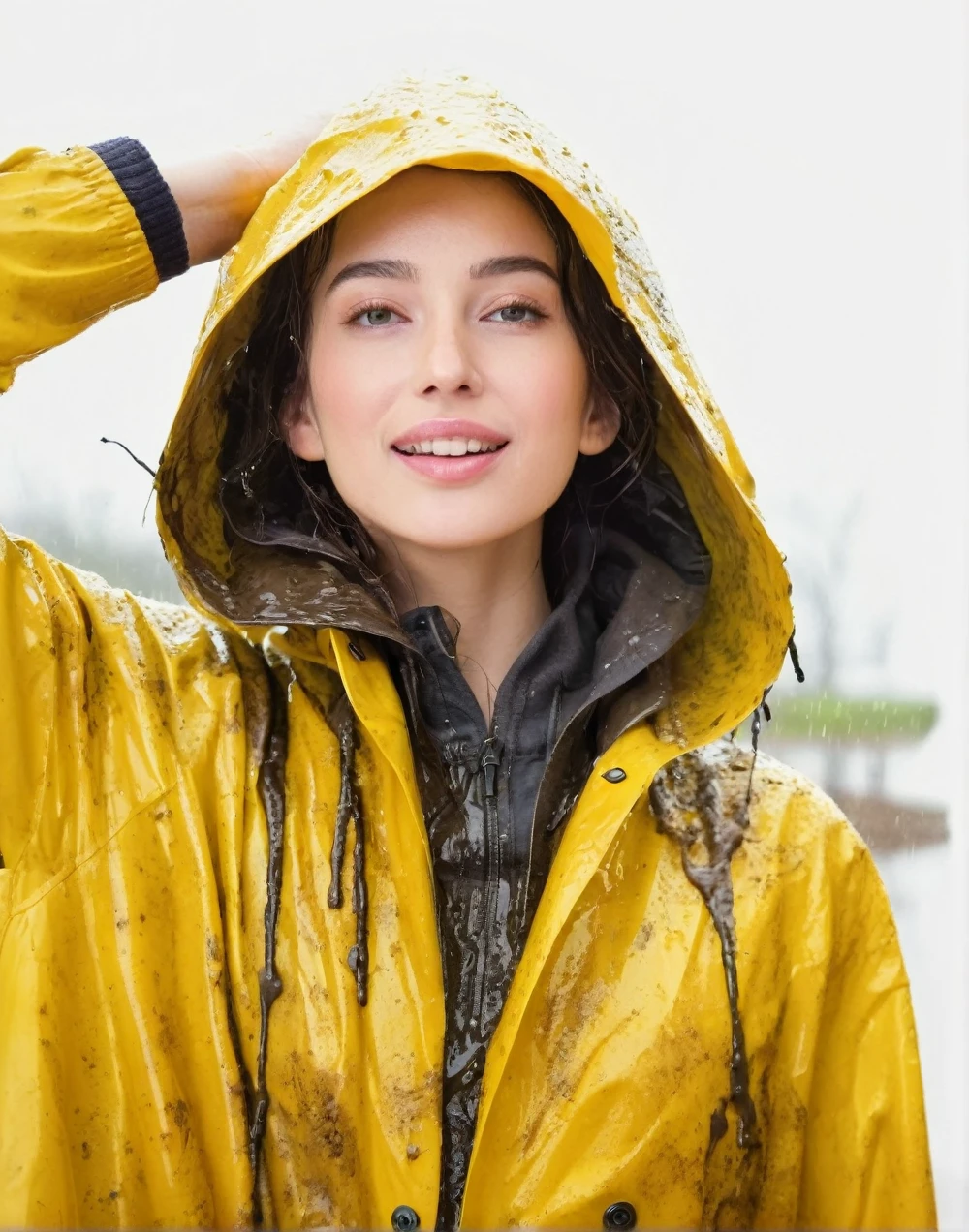 a young woman wearing a bright yellow shiny raincoat, ((((mud-stained and dirty raincoat)))), muddy clothes, beautiful detailed eyes, beautiful detailed lips, extremely detailed face, long eyelashes, outdoor rainy scene, puddles on the ground, intricate texture, photorealistic, 8k, high quality, masterpiece, professional, vivid colors, dramatic lighting