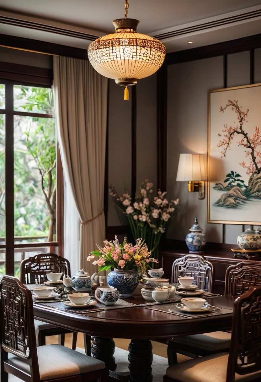 A stunning and artistic corner of a traditional Asian dining room, featuring a beautifully set dining table with elegant wooden chairs and intricate details. Shot with a high-quality DSLR camera, the room is illuminated by soft, natural light streaming through large windows with dark wooden frames. The table is adorned with an exquisite centerpiece of fresh flowers and a traditional tea set, complemented by delicate tableware and fine porcelain dishes. In the background, there are intricately designed wall panels and classic Asian artwork that add to the room’s refined elegance. The scene is enhanced by a shallow depth of field, with the focus on the detailed table setting and a bokeh background, creating a serene and sophisticated ambiance. ((8k)), high quality detail, cozy and elegant dining environment, artistic and inviting.
depth of field camera, 50mm, ((8k)), high quality detail, soothing and elegant ambiance. , ((8k)), ((UHD)), 8k, high quality detail, realistic photo, luxurious, beautiful, modern, soothing, cozy, peaceful, cottagecore