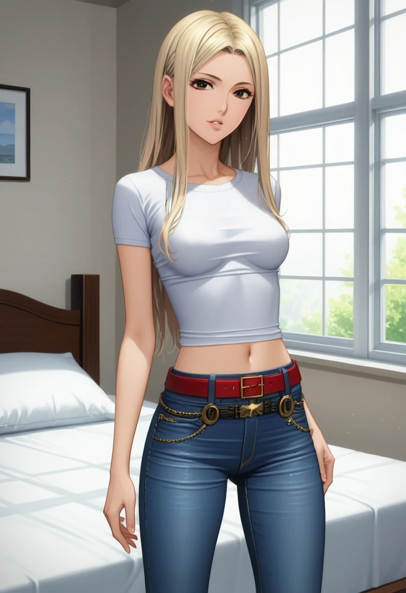 score_9_up, score_8_up, score_7_up, 1girl, solo, mature female,((Tsukumo Yuki)), ((blonde long hair)), brown eyes, pink lips, parted lips, fit slim body,(((perfect erected medium breast))) (((black tight tank, tight jeans, belt))), (((highly detailed bedroom, window, bed))), perfect fit model body, seductive pose