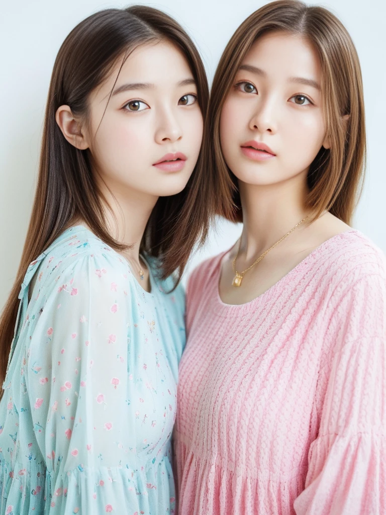 Perfect face and small breasts、Cute clothes、18-year-old girl with slim and slender physique。Skin is detailed and very detailed eyes(1.1 emphasis)、high detailed skin texture(1.1 emphasis)Has a。Slender Necklace、Model Photo Style、Photorealsitic、Skin texture is the texture of real human skin、Detailed skin pores、intricate detailes、Eyes very detailed、Colorful dress with colorful hair、rossdraws pastel vivid、artgerm colorful!!!、!Dream Art Germ、extremely detailed art germ