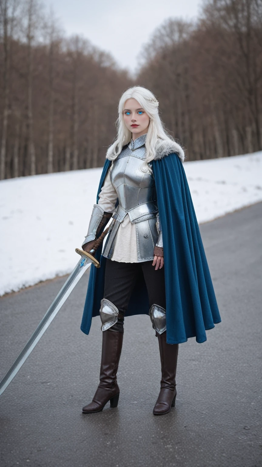 realistic,score_9, score_8_up, score_7_up, 
hyper detailed, ultra detailed, UHD, beautiful girl, perfect anatomy, perfect body, model, stylish pose, wearing full plate body fantastic armor with cape, holding huge crystal sword, snowy medieval road, (random color:1.4),
long hair, various hairstyles, white hair, blue eyes, glowing eyes,
extremely detailed,