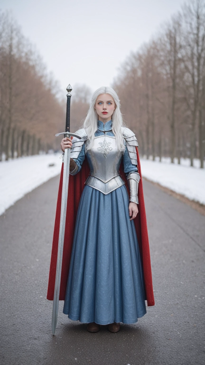 realistic,score_9, score_8_up, score_7_up,
hyper detailed, ultra detailed, UHD, beautiful girl, perfect anatomy, perfect body, model, stylish pose, wearing full plate body fantastic armor with cape, holding huge crystal sword, snowy medieval road, (random color:1.4),
long hair, various hairstyles, white hair, blue eyes, glowing eyes,
extremely detailed,