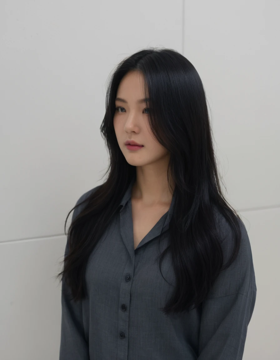 Best Quality, 8k, Masterpiece, (Portrait: 1.3), (photo realistic:1.4), (hyper realistic:1.4), Sharp Focus, looking at viewer, (smoother lighting:1.1), (increase cinematic lighting quality:0.9), realistic lighting, backlighting, light on face, ray trace, (brightening light:1.2), (Increase quality:1.4), sharp detail, (best quality real texture skin:1.4), finely detailed eyes, black_eyes, finely detailed face, 25 year old Korean woman, (white dress_shirt:1.4), (Create an image maintaining the original base model hairstyle:1.5)