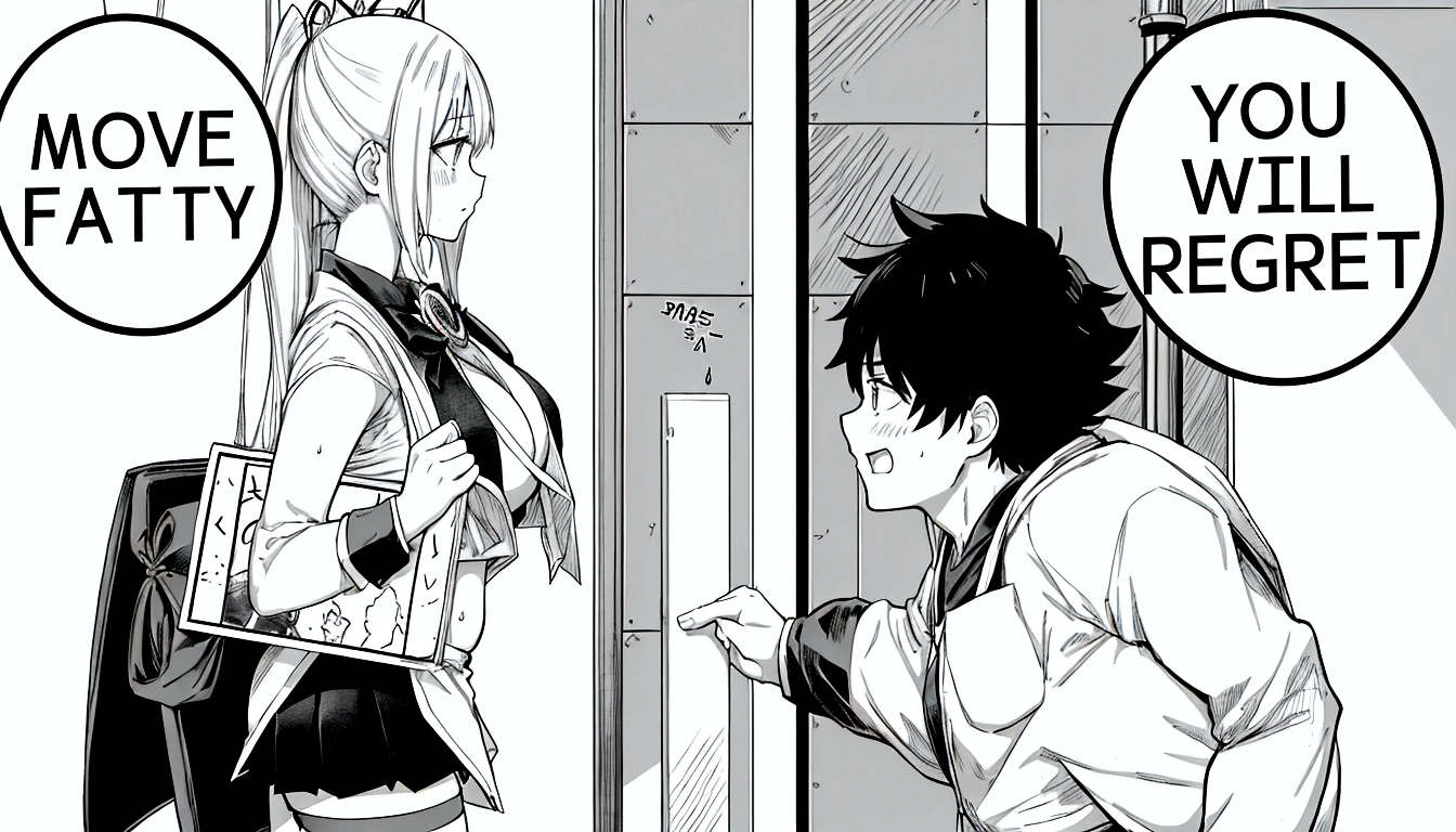 anime girl and boy with signs saying move fatty you will regret, black and white manga panel, black and white manga page, black and white manga style, black and white manga, black and white manga comic, isekai manga panel, award winning manga style, manga panel, manga panels, detailed manga style, from cryptid academia, manga page,