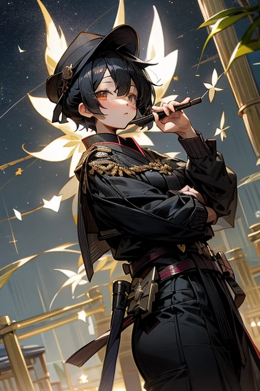 Tanabata。Chuunibyou。Eye patch。military cap。A girl with short black hair。Wearing black military uniform。Fluttering cloak。Write your wishes on a piece of paper。The bamboo is swaying。Imperial City Sky、You can see the beautiful starry sky。