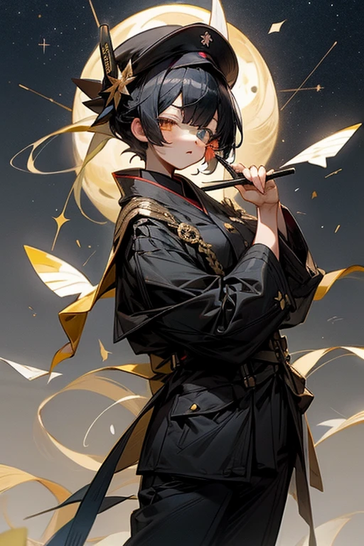 Tanabata。Chuunibyou。Eye patch。military cap。A girl with short black hair。Wearing black military uniform。Fluttering cloak。Write your wishes on a piece of paper。The bamboo is swaying。Imperial City Sky、You can see the beautiful starry sky。