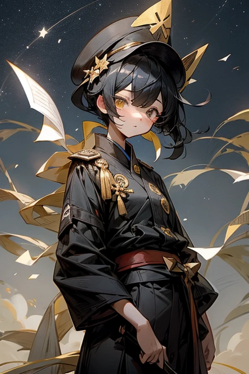 Tanabata。Chuunibyou。Eye patch。military cap。A girl with short black hair。Wearing black military uniform。Fluttering cloak。Write your wishes on a piece of paper。The bamboo is swaying。Imperial City Sky、You can see the beautiful starry sky。