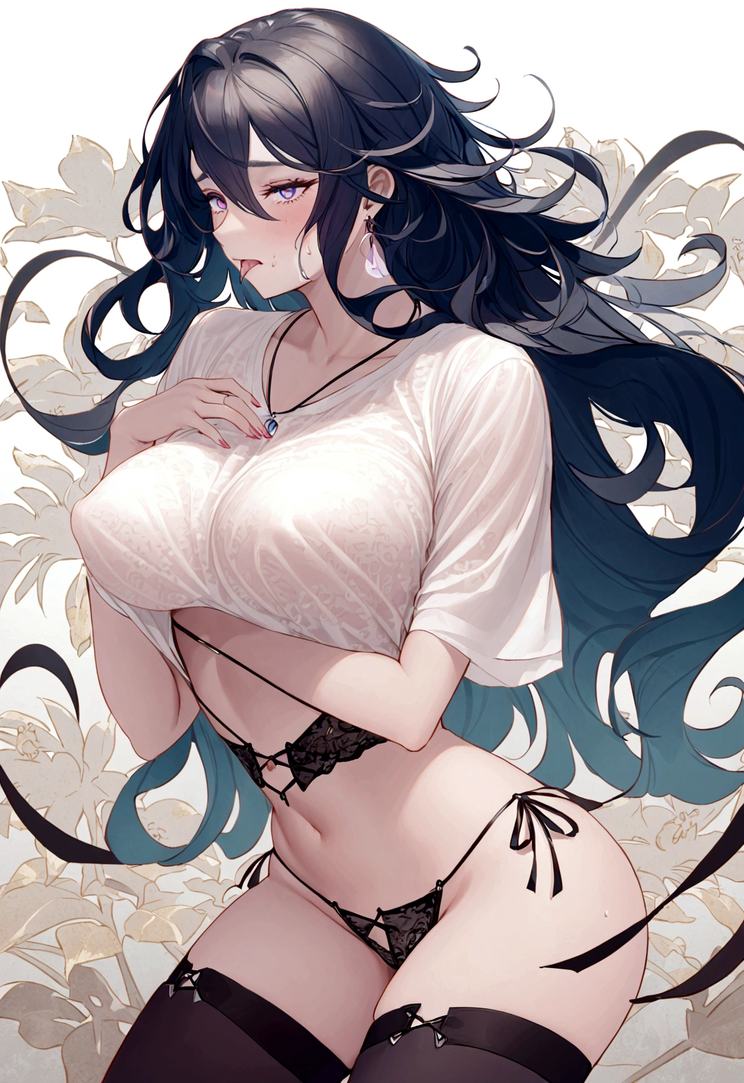 25-year-old female,Slim body,Wearing jeans,Clothes become translucent due to sweat sticking to the skin,Showing off her curvy figure。With plump breasts and round buttocks,The jeans were clinging to her body.,Sweaty,Blushing cheeks,Looking shy and embarrassed,Nervousness,Black long hair,big eyes,Beautiful face,Wear a white loose T-shirt,The hem of the T-shirt covers part of the lower body,Kneel in front of the mirror,Hands grasp the chest,Breast deformation,Fingers sink into breasts,Expression of surprise and confusion,Stick out your tongue,White fluid leaking from chest,Red cheeks,Slight sweating。