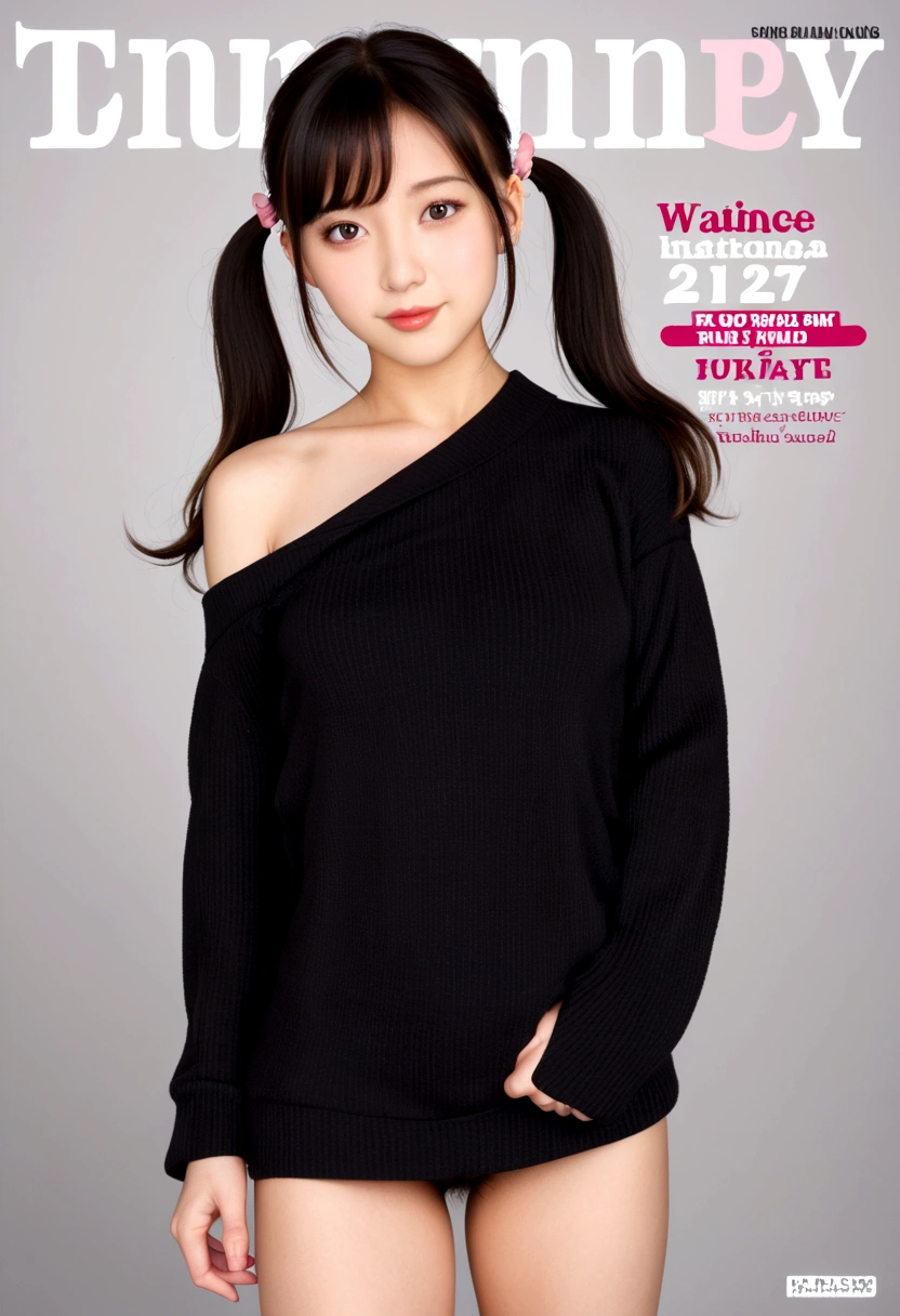 Magazine cover,Twin Tails,Beautiful little girl(Wear an off-shoulder sweater),,(Smooth skin),E7E48U,excited,Small Breasts,pubic hair