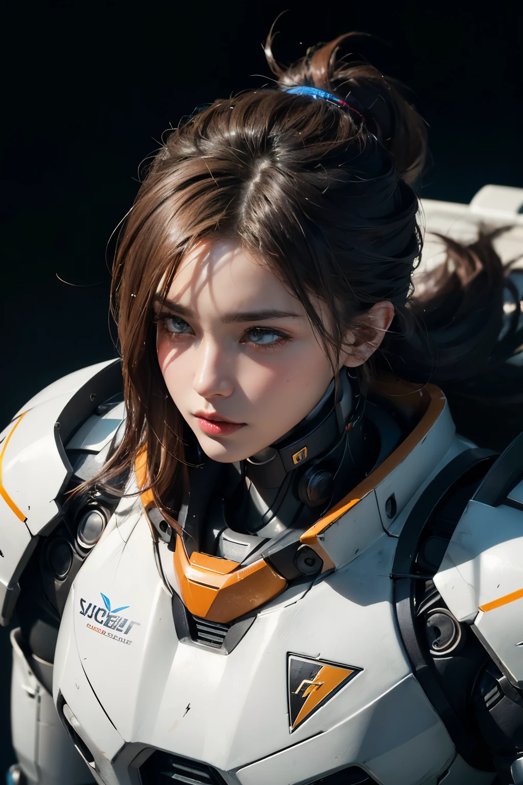 The basic color of the mecha is black masterpiece,Background white bright top quality, high quality, (Portrait of a real person) (future:1.1), (Orange Cyberpunk Suit), Soft Lighting, (Exquisite future), Sergeant AI soldier robot sniper soldier mecha costume beautiful and beautiful, Ultra Detailed, Amazing composition, floating, Depth of Field, (Plain white wallpaper), (Beautiful detail background), Beautiful hair details, Dramatic Lighting, Gogeta, mechanical,best quality,Ultra-high resolution,Photorealistic,,(Hair blowing in the wind),((The angle from which you shot from directly above)),(Confident expression),(Looks arrogant)(Fashion pose),((Thunder)),(it&#39;s very windy),(Hair blowing in the strong wind),wet, go out, 